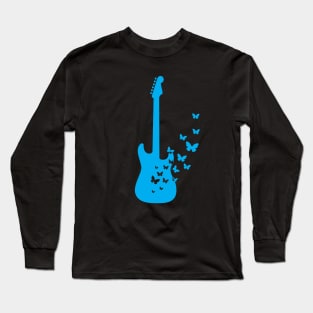 S-Style Electric Guitar Silhouette Turning Into Butterflies Blue Long Sleeve T-Shirt